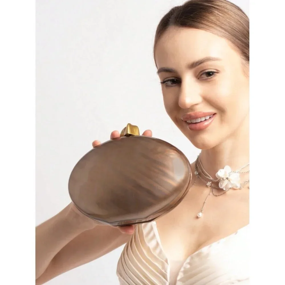 ⚡Women's Brown Egg Metallic Evening Shiny Top Closure Trendy Clutch Handbags